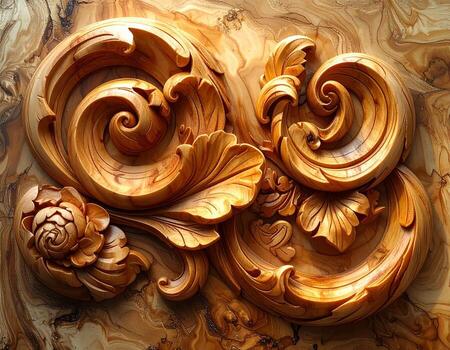 Intricate Wood Carving Floral and Scrollwork Design on Marble Background. photo