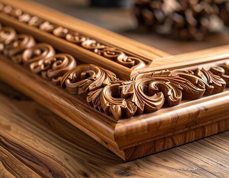 Intricate Wood Carving Ornate Frame Detail on Rustic Tabletop. photo