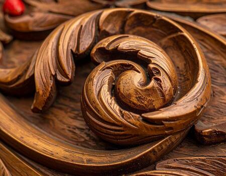 Intricate Wooden Carving Detailed Closeup of Ornate Scrollwork and Texture. photo