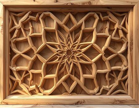 Intricate Wooden Carving Geometric Star Pattern in Frame Warm Tones. photo