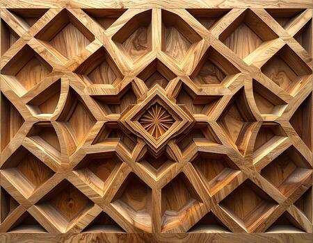 Intricate Wooden Carving Geometric Pattern with Central Starburst Design Warm Tones. photo