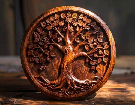 Intricate Wooden Carving Tree of Life Symbol in Circular Frame Warm Lighting. photo