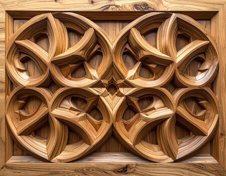 Intricate Wooden Carving Symmetrical Floral Design with Layered Depth and Warm Tones. photo