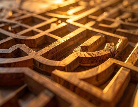 Intricate Wooden Carving Warm Light Illuminates Detailed Geometric Patterns. photo
