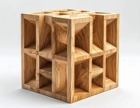 Intricate Wooden Cube Structure with Geometric Openings on White Background. photo