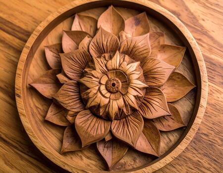 Intricate Wooden Flower Carving in Round Frame on Wood Surface. photo