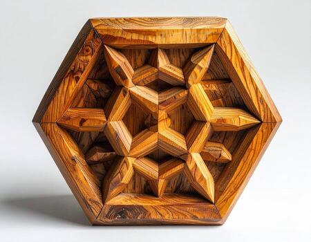 Intricate Wooden Geometric Carving Hexagonal Starburst Design Warm Tones. photo