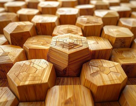 Intricate Wooden Hexagon Blocks Geometric Pattern Warm Lighting Closeup View. photo