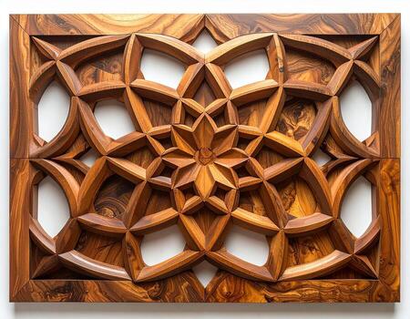 Intricate Wooden Lattice Panel Geometric Star Pattern with Rich Grain Detail. photo