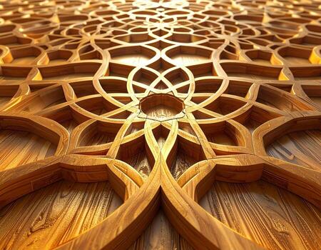 Intricate Wooden Lattice Golden Geometric Pattern with Perspective View. photo