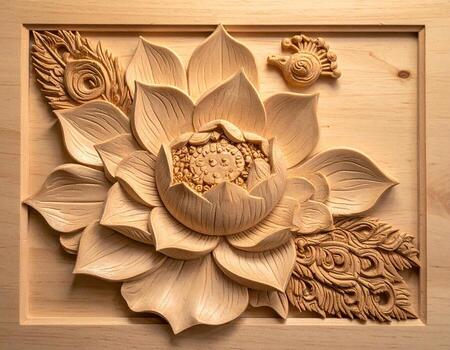 Intricate Wooden Lotus Carving with Detailed Petals and Decorative Elements. photo
