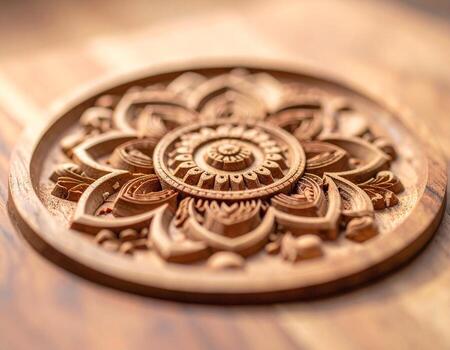 Intricate Wooden Mandala Carving with Warm Lighting and Shallow Depth of Field. photo