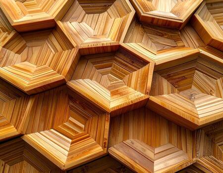 Intricate Wooden Star Pattern Geometric Design with Warm Tones and Textural Depth. photo