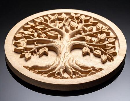 Intricate Wooden Tree of Life Carving on Reflective Surface. photo