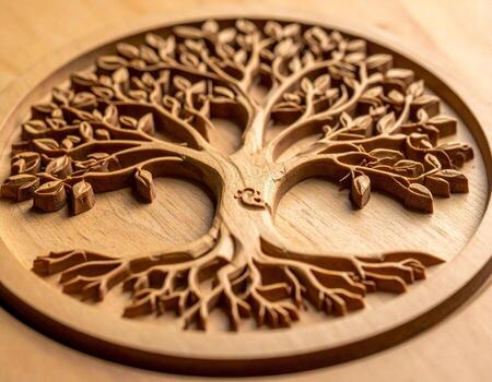 Intricate Wooden Tree of Life Carving with Detailed Roots and Branches. photo