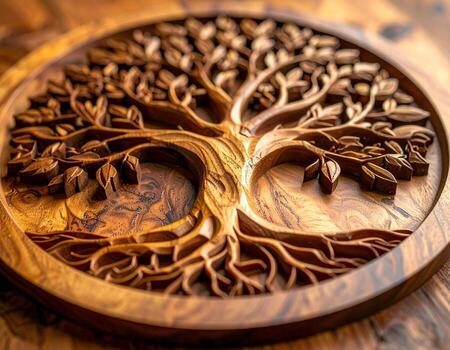 Intricate Wooden Tree of Life Carving Symbol of Growth and Interconnectedness. photo