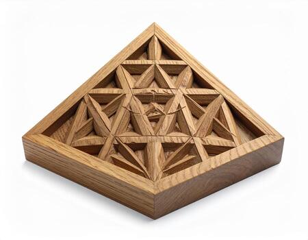 Intricate Wooden Triangle Geometric Starburst Pattern HandCarved Detail Warm Tones. photo