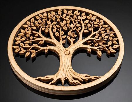 Intricately Carved Wooden Tree of Life Circular Design Dark Background. photo