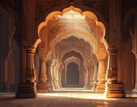 Ornate Arches and Columns in Warm Light Architectural Grandeur. photo