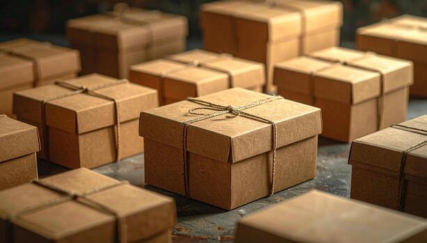 Array of Brown Paper Boxes Tied with Twine Warm Lighting. photo