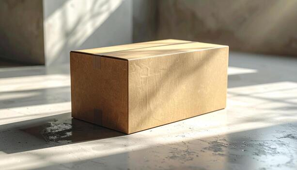 Cardboard Box in Sunlight Minimalist Still Life with Shadow Play on Concrete Floor. photo