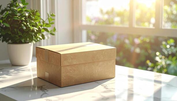 Cardboard Box on Marble Countertop with Plant and Sunny Window View. photo