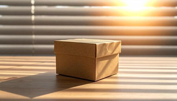 Cardboard Box on Wooden Table with Sunlight and Shadow Play. photo