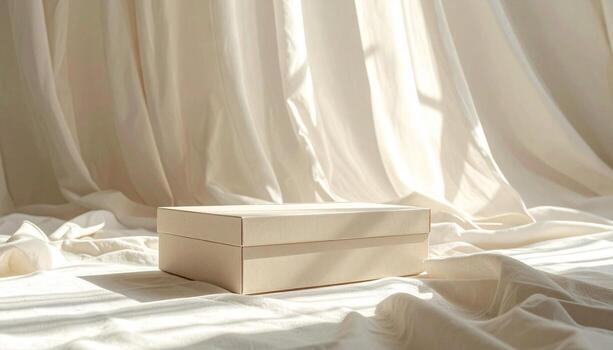Elegant Beige Box on Soft Fabric with Sunlit Draped Background. photo