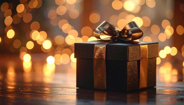 elegante negro regalo caja con dorado cinta y bokeh luces antecedentes. foto