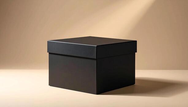 Elegant Black Gift Box with Lid on Beige Background Studio Lighting. photo
