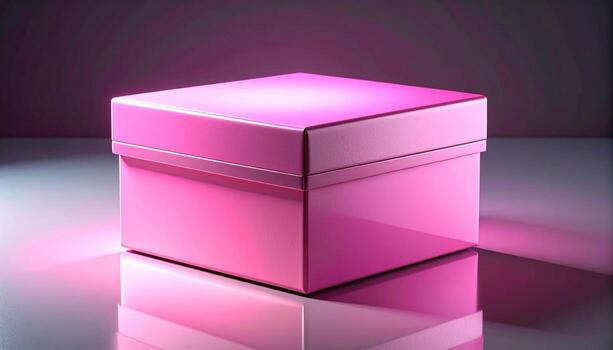 Elegant Pink Gift Box with Lid on Reflective Surface Soft Lighting. photo