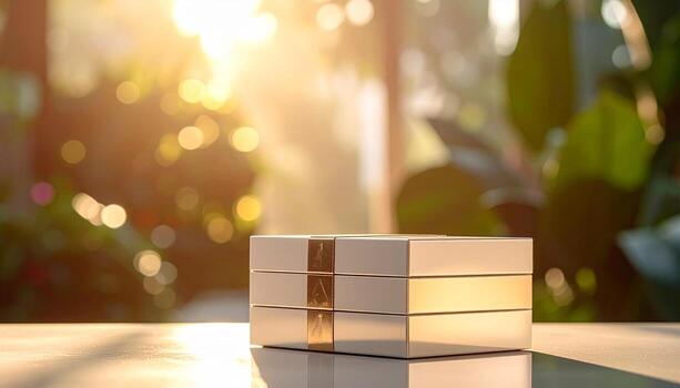 elegante apilado cajas con oro acentos suave Encendiendo bokeh antecedentes. foto