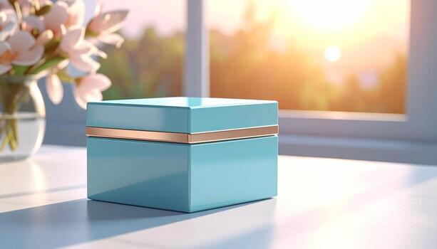 Elegant Turquoise Box with Gold Accent Soft Light and Floral Backdrop. photo