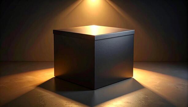 Illuminated Black Cube Minimalist Still Life with Dramatic Lighting and Shadow Play. photo