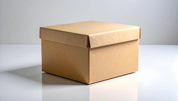 Isolated Kraft Box with Lid on Reflective White Surface Studio Lighting. photo