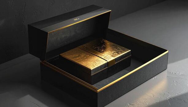 Luxurious Black and Gold Gift Box Set with Textured Surface Open Lid. photo