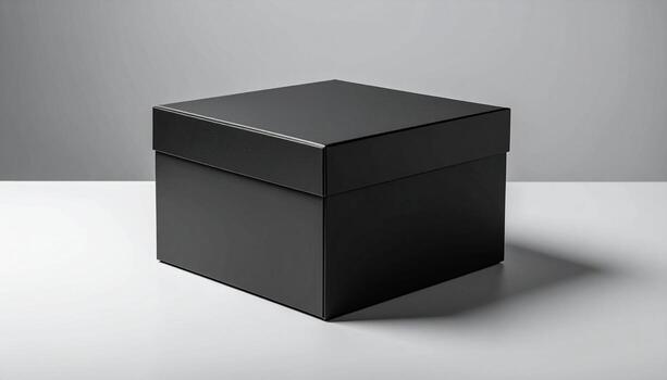 Minimalist Black Box Sleek Packaging on White Surface with Subtle Lighting. photo