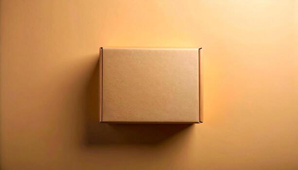 Minimalist Brown Cardboard Box on Warm Beige Background TopDown View Soft Shadow. photo