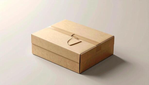 Minimalist Brown Cardboard Box with Ribbon on Light Gray Background Studio Shot. photo