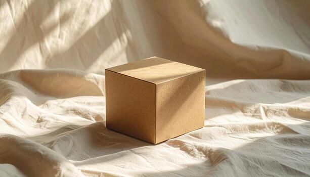 Minimalist Brown Cube on Textured Fabric with Warm Sunlight and Shadows. photo