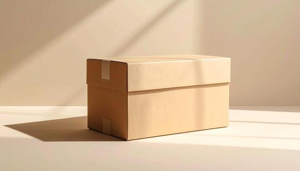 Minimalist Cardboard Box Still Life with Soft Light and Shadow Play on Beige Background. photo