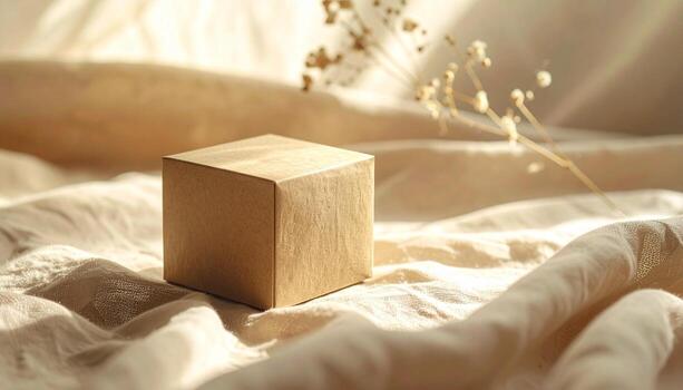 Minimalist Cube Display Soft Light Neutral Tones Delicate Floral Accent. photo