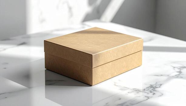 Minimalist Kraft Box on Marble Product Mockup with Soft Lighting and Shadows. photo