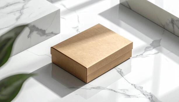 Minimalist Kraft Box on Marble with Leaf Shadows and Geometric Marble Block. photo