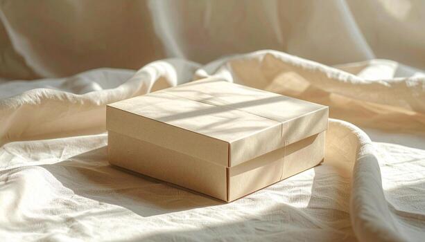 Minimalist Kraft Box on Textured Fabric with Sunlight and Shadows. photo