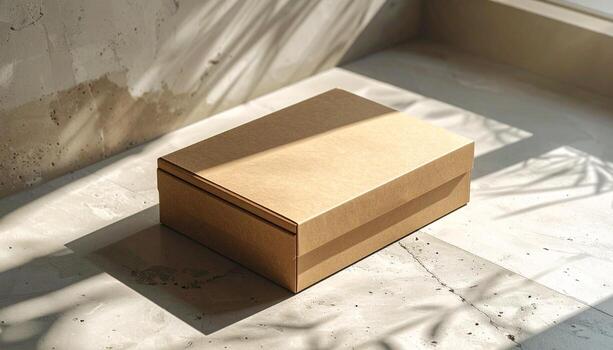 Minimalist Kraft Box Under Palm Shadows Natural Light Concrete Texture Clean Design. photo