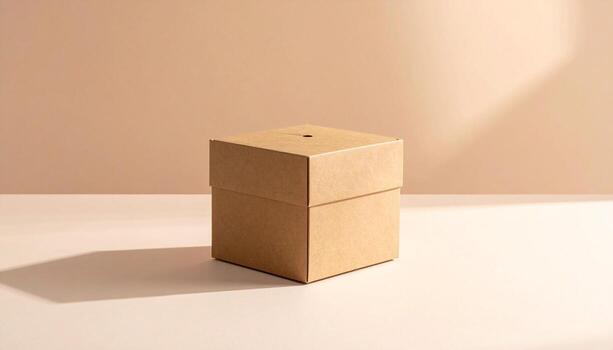 Minimalist Still Life Square Cardboard Box with Lid and Shadow on Beige Background. photo
