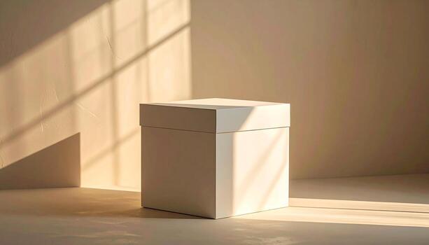 minimalista blanco caja en calentar luz de sol con ventana oscuridad limpiar estético. foto
