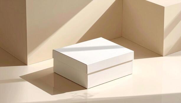 Minimalist White Box with Geometric Shapes and Soft Light Modern Still Life. photo