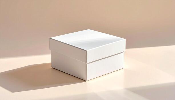 Minimalist White Box with Lid on Beige Background Soft Light and Shadows. photo